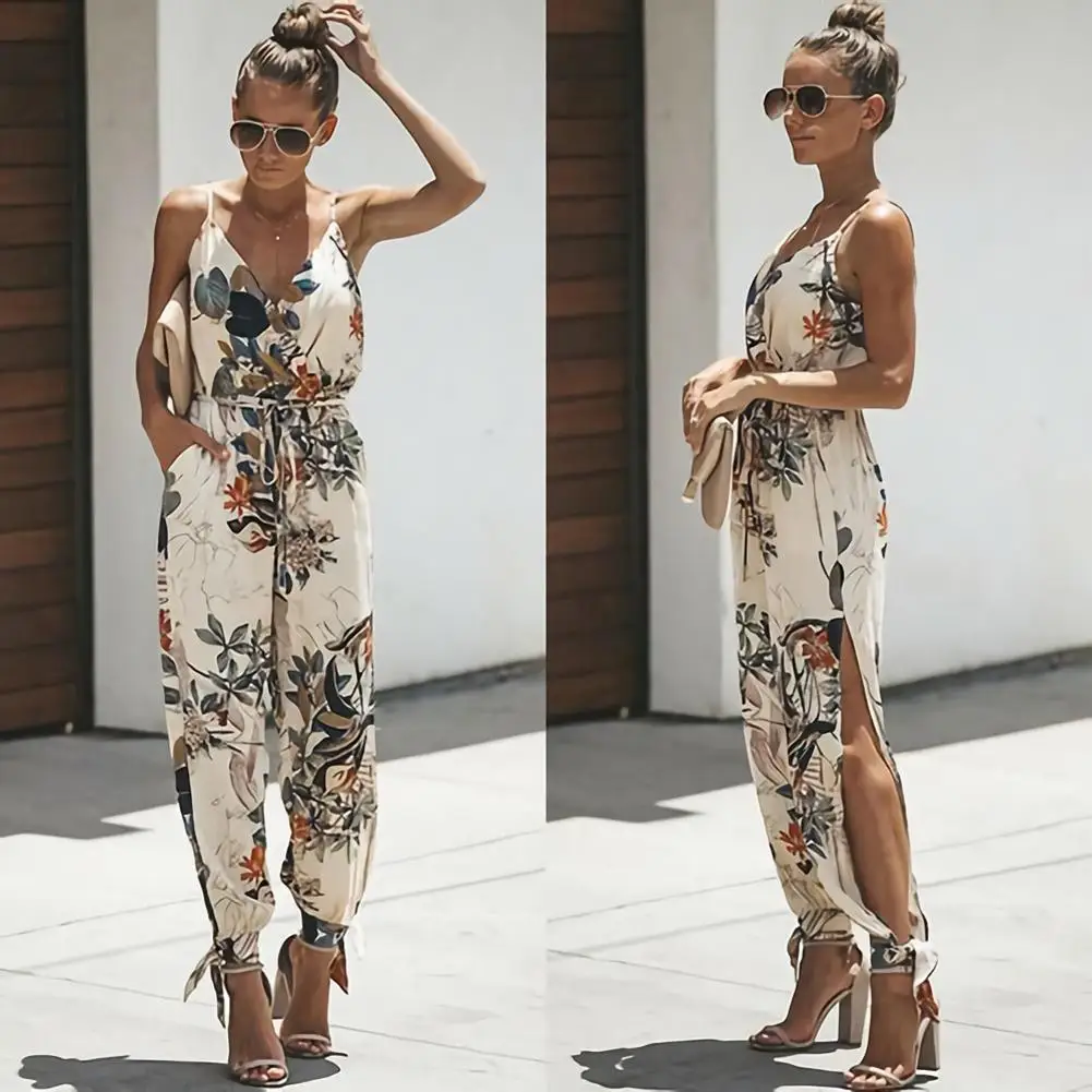 80% HOT SALES！！！Women Summer Sexy Backless Casual Deep V Floral Print Strappy Jumpsuits Romper