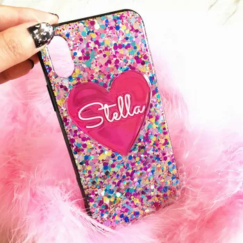 

for iphone 11 pro 7 8 plus XR XS MAX for samsung S20 Ultra S8 S9 s10 note 10 Unique Heart Custom name Laser Glitter Phone case