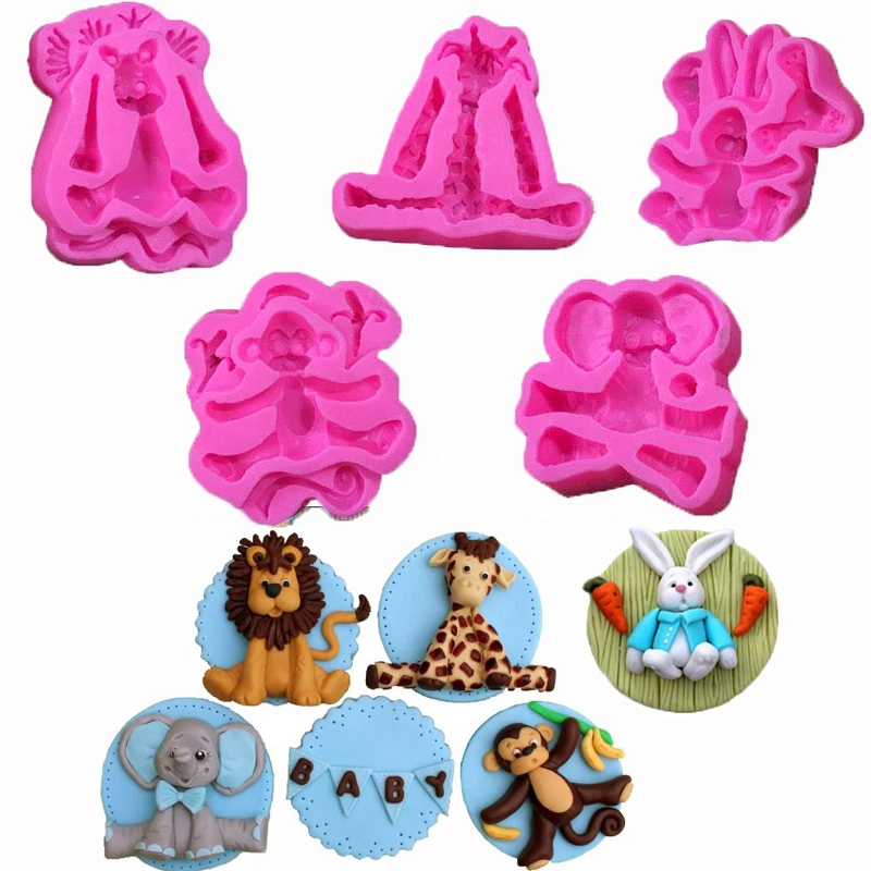 Forest Animal Silicone Fondant Mold Lion Elephant Monkey Giraffe Rabbit Clay for Kids Birthday Cake Topper Decorating | Дом и сад