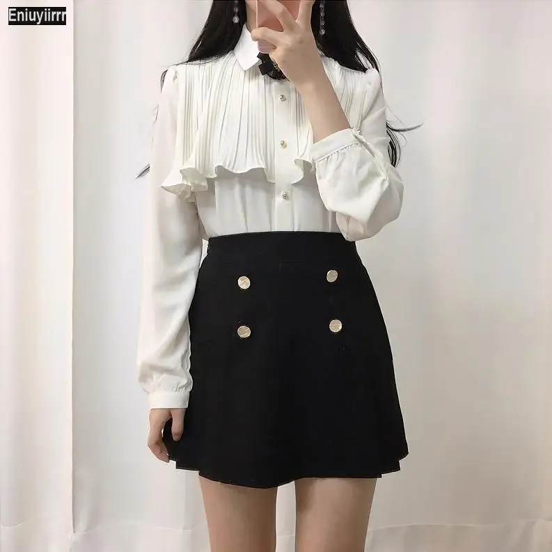 2021 New Year Cute Girls Womens Solid Color Office Lady Ruffled Blouses Formal Button Red White Shirt Ribbon Bow Tie Tops 5
