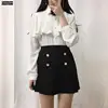 2021 New Year Cute Girls Womens Solid Color Office Lady Ruffled Blouses Formal Button Red White Shirt Ribbon Bow Tie Tops 5