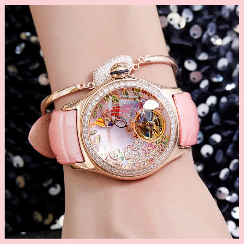 

Reef Tiger R/T Brand Pink Leather Strap Fashion Casual Ms Clock Luxury Mechanical Tourbillon Waterproof Ladies watch Reloj Mujer