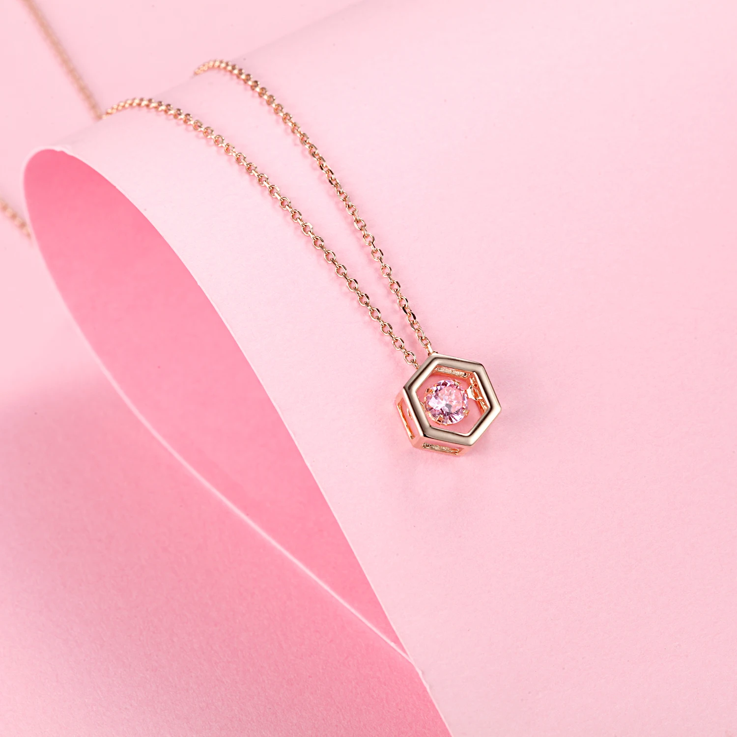 WelMag 925 Sterling Silver Jewelry Rosegold Link Chain Hexagon Zircon Pendant Fashion Casual Women Necklace Female Gift