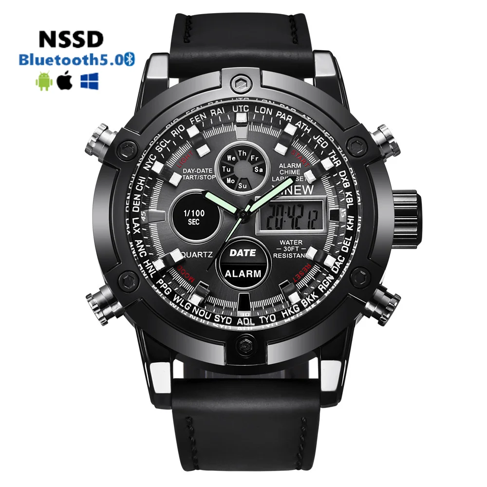 NSSD Fashion Mens Watches Luxury Dual Movt Men's Leather Quarz Analog Digital Led Sport Wrist Watch Professional Casual Watch