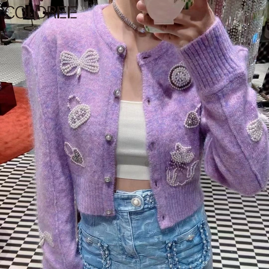 Cartoon Cat Bow Beading Cardigan Women 2021 Korean Fashion O-neck White Black Knitted Sweater Mujer Casual Fall Winter Clothes |