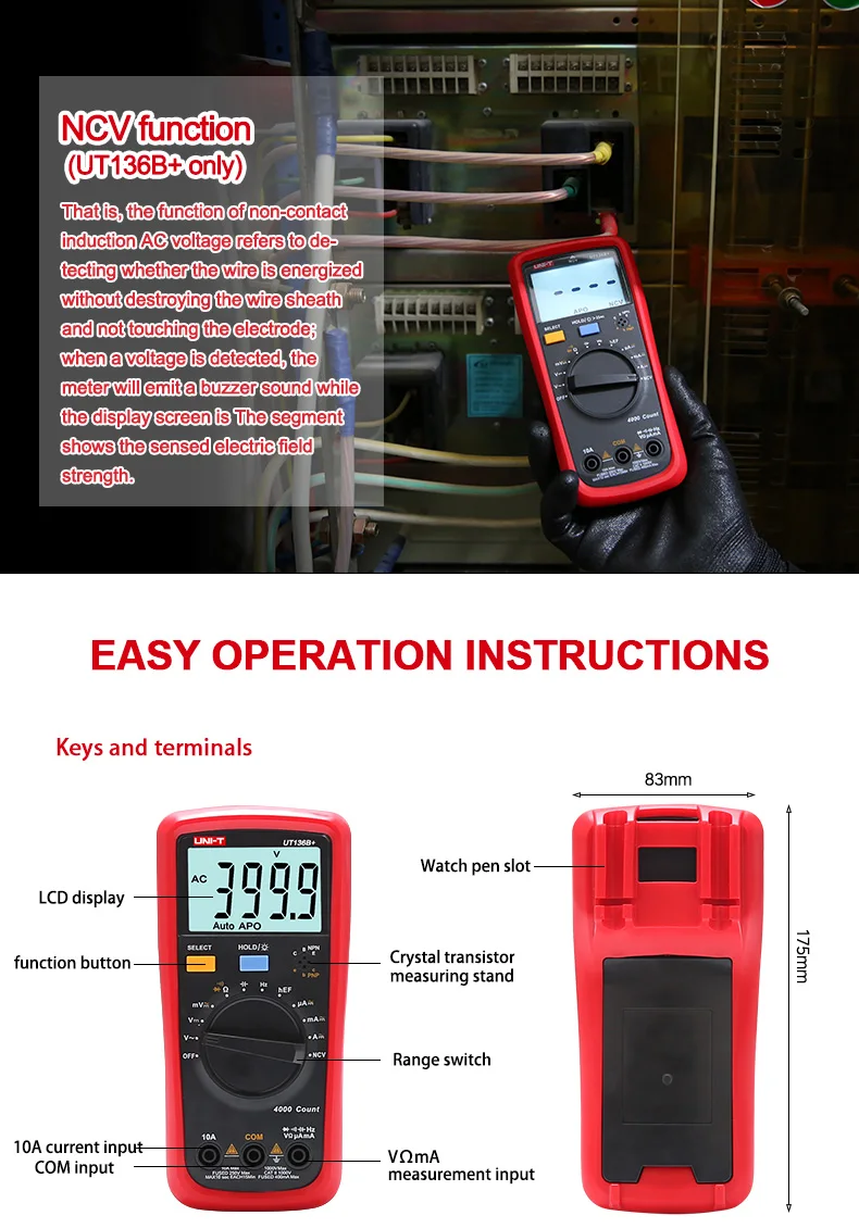 UNI-T UT136C+ high precision digital multimeter AC and DC voltage and current ohm diode frequency automatic range UT136B+