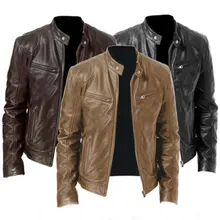 Motorcycle Jacket Mens Slim Fit Short-Coat Collar PU Jackets Winter Autumn Zipper Stand Windproof Leather Coat Plus Size