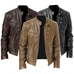 Motorcycle Jacket Mens Slim Fit Short-Coat Collar PU Jackets Winter Autumn Zipper Stand Windproof Leather Coat Plus Size