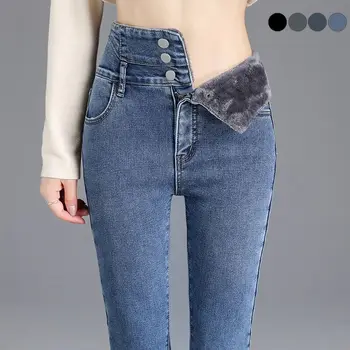 Jeans skinny caldi a vita alta in pile spesso invernale termico Pantaloni a matita con bottoni elasticizzati da donna spessi Jeans casual in velluto per mamma 1