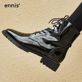 

ENNIS 2019 NEW Autumn Winter Women Boots Patent Leather Lace Up Flat Boots Round Toe Genuine Black Boots Designer Shoes A9151