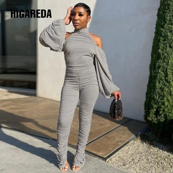 

2020 Halter Bandage Puff Long Sleeve Stacked Leggings Jumpsuit Autumn Winter Women Streetwear Backless Sexy Romper