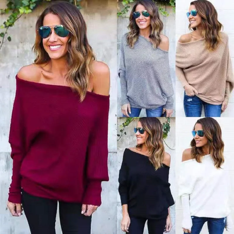 

Women Sexy Slash Neck Solid Knit Sweater Elasticity Autumn Winter Knitted Long-sleeved solid sweater Loose Cotton Tops Pullovers