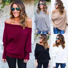 Women Sexy Slash Neck Solid Knit Sweater Elasticity Autumn Winter Knitted Long-sleeved solid sweater Loose Cotton Tops Pullovers Women Sexy Slash Neck Solid Knit Sweater Elasticity Autumn Winter Knitted Long-sleeved solid sweater Loose Cotton Tops Pullovers