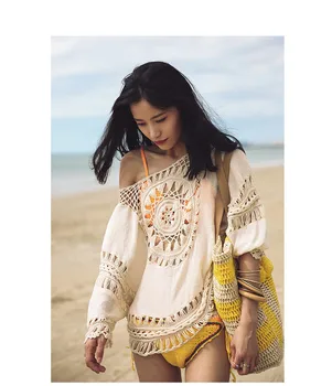 

Original Design AIGYPTOS Summer Women Bohemian Beach Casual Loose Sexy Knitted Hollow Out Cotton Shirts Sunscreen Clothes Smock