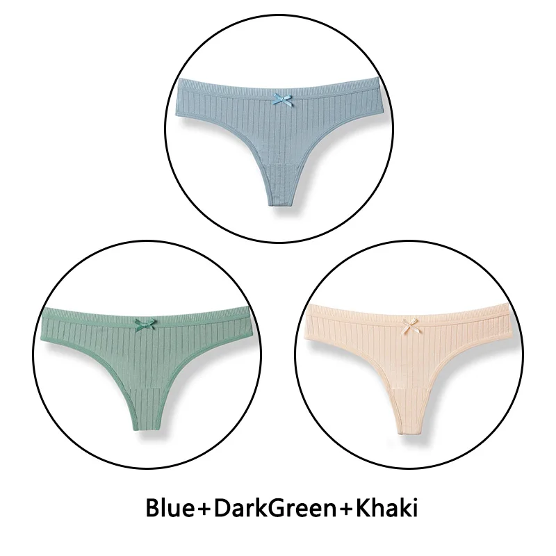 Blue DGreen Khaki 3 шт./партия, хлопковые стринги, женские сексуальные трусики с низкой посадкой, однотонные мягкие стринги Бесшовные нижнее белье, женское нижнее белье с бантиками, Новинка - Цвет: Blue DGreen Khaki