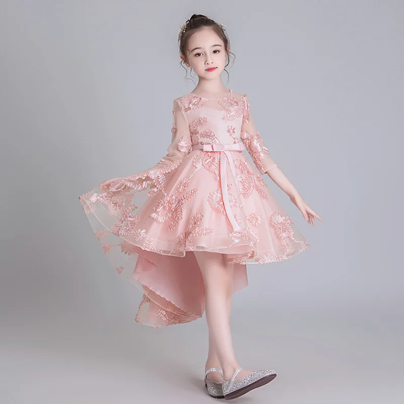 

Flower Child Princess New Year Party Performance Embroidery Tail Dress Girl's Birthday Party Dinner Sleeve Dress
