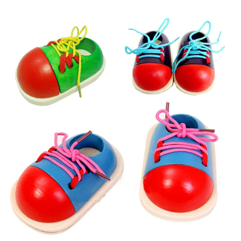 

Tied Laces Jigsaw Toy Fashion Puzzle Wooden Random Color Montessori Wood Shoes Kids Cognitive Education Jigsaw Toy Birthday Gift