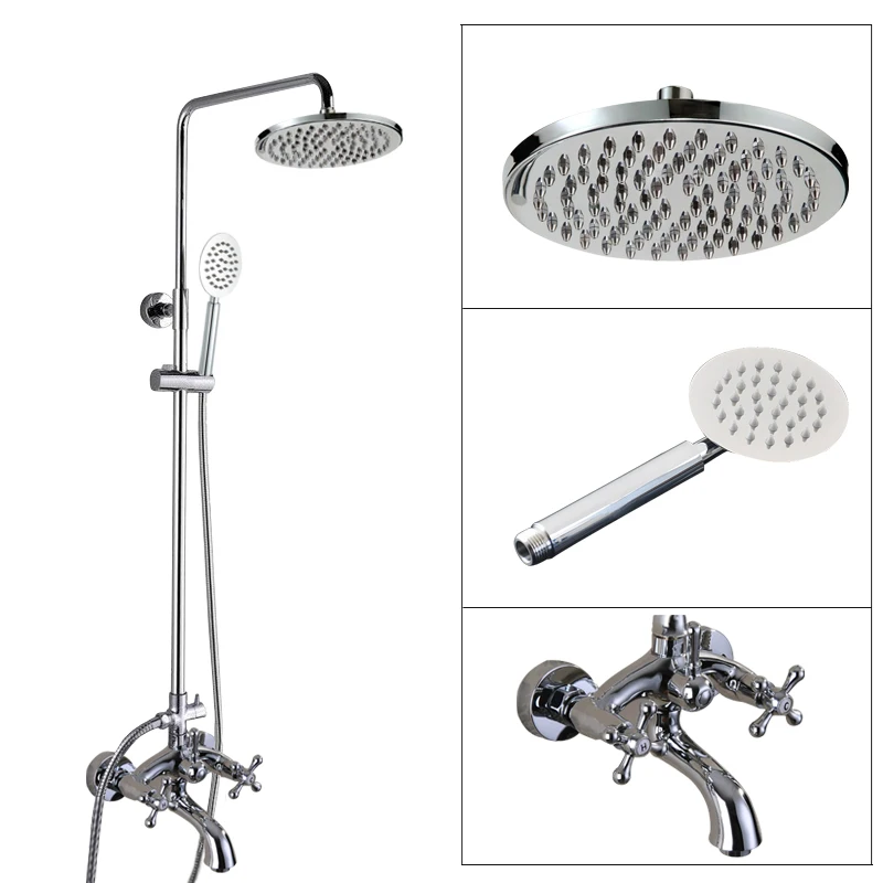 

Polished Chrome Brass Dual Cross Handles Wall Mounted Bathroom 8" Round Rain Shower Head Faucet Set Bath Tub Mixer Taps mcy357