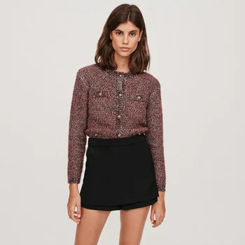 

2020 Spring Temperament Bright Silk Single Breasted Metal Button Short Knitting Coat for Women Sweater Cardigan M1