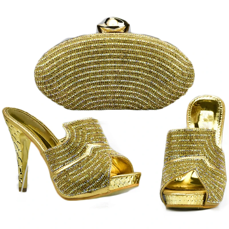

New Arrival Gold Color Shoes and Bag Set Decorated with Rhinestone High Quality Matching Italian Shoes and Bag Set for Wedding