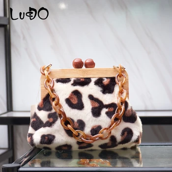 

Designer Wooden Clip Handbags Luxury Leopard Print Evening Shoulder Bags Female Acrylic Fur Clutch Bag Casual Purse Bolsos Mujer