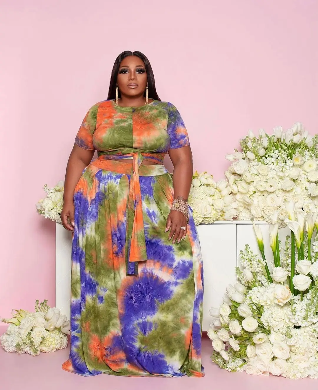 Summer Women's Plus Size Tie Dye Printing Two Piece Suit Vacation Beach Seaside Clothing Casual Outfit Plus Size Women Clothing