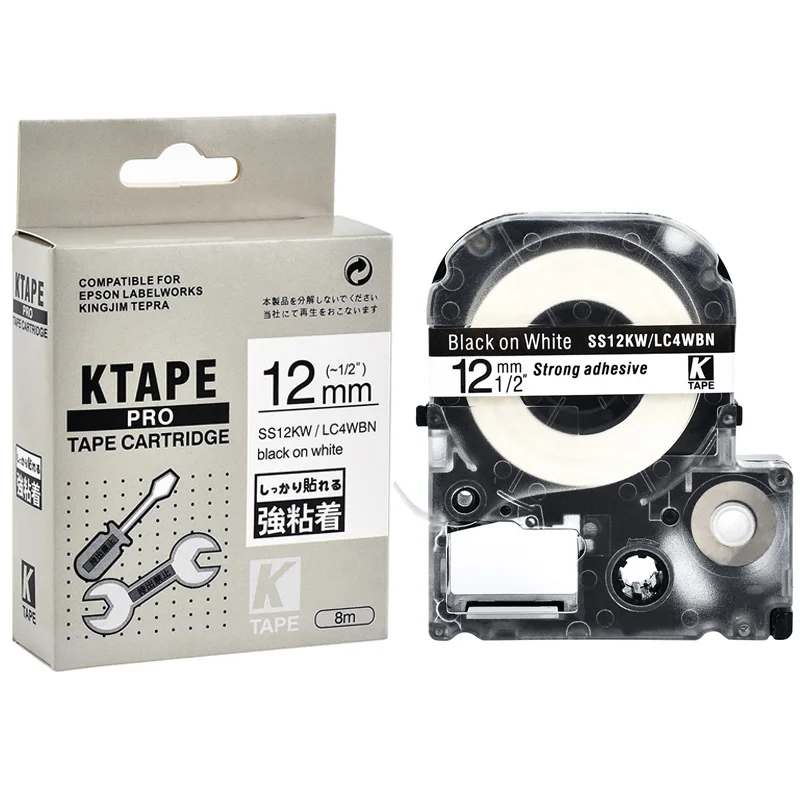 12mm 검정색 흰색 ss12kw 호환 epson kingjim 라벨 프린터 LC-4WBN 라미네이트 라벨 테이프 리본 lc4wbn for LW-300 400