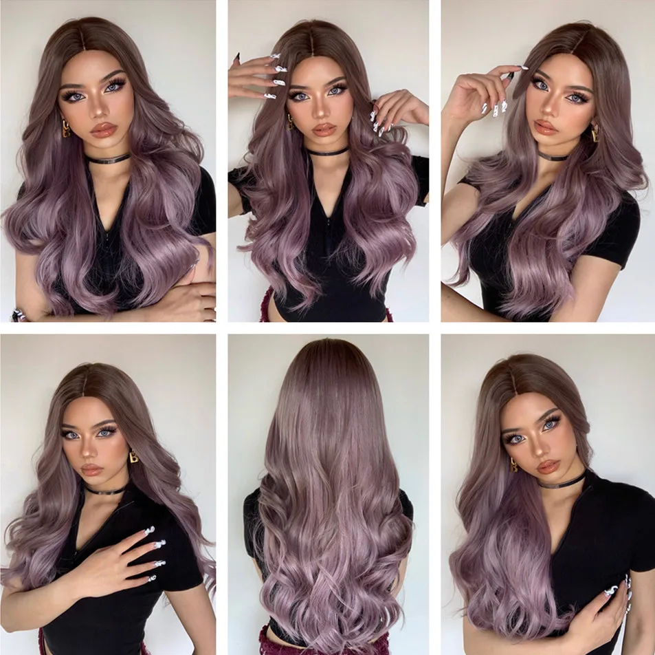 EASIHAIR Long Wavy Purple Ombre Synthetic Wigs for Women Natural Hair Cosplay Wigs Heat Resistant Cosplaysalon Wedding Hairstyle image_1