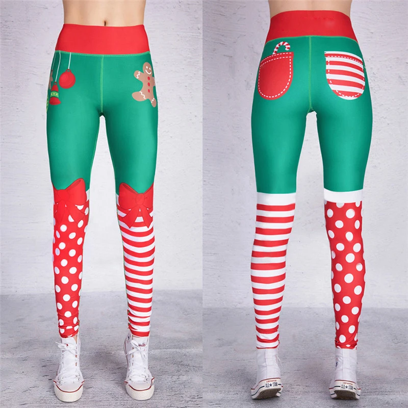 

Women\u2019s High-waist Sport Pants Cartoon Bear Christmas Print Tight-fitting Casual Trousers