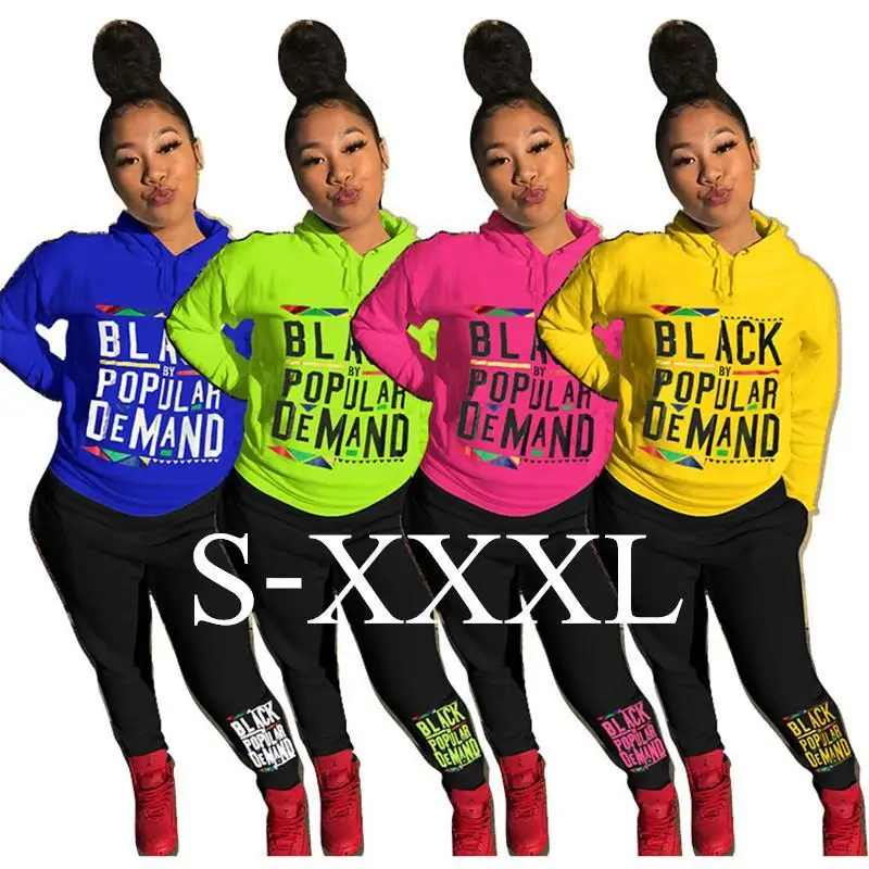 Tanie Kobiety 2 sztuka stroje czarny przez popularne popytu litery bluzy z kapturem i legginsy spodnie odzież sportowa jesień tkaniny zestaw C81303