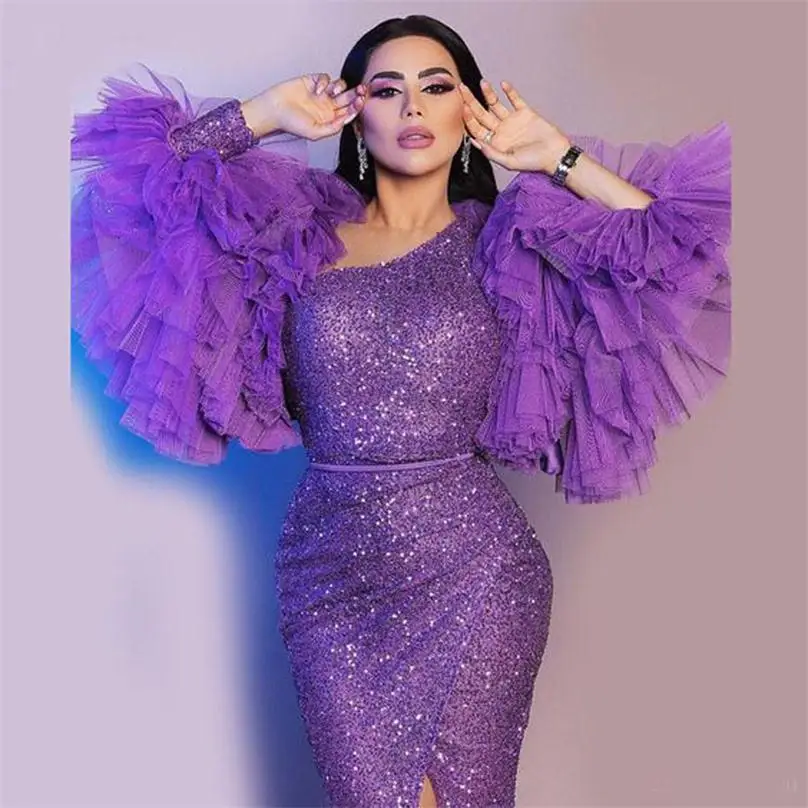 

Purple Sequined Prom Dresses Puffy Long Sleeves Ruffles Front Split Mermaid Evening Dress Floor Length Celebrity Party Gowns Ve