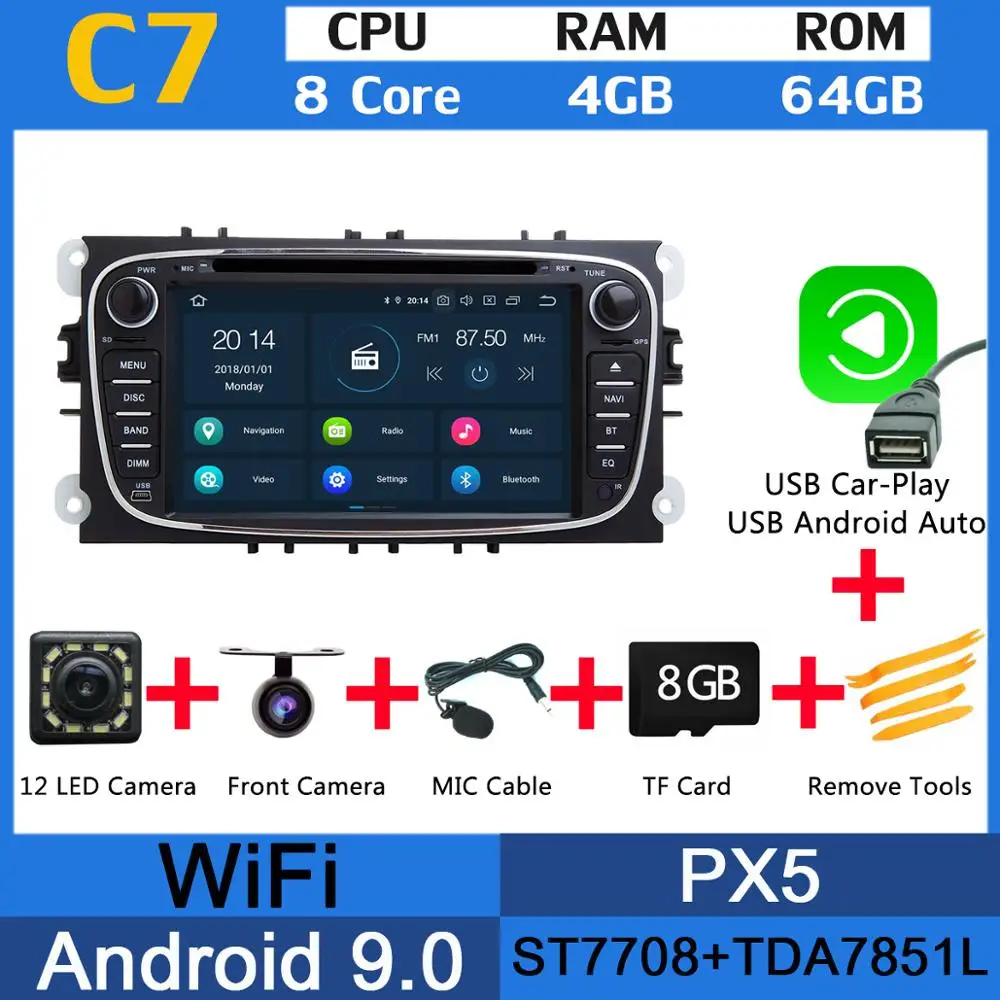 " PX6 4G+ 64G Android 9,0 автомобильный dvd-плеер для Ford Focus Mondeo Focus C-MAX S-MAX C S Max Kuga Galaxy CarPlay DSP gps навигация - Цвет: PX5 USB CarPlay