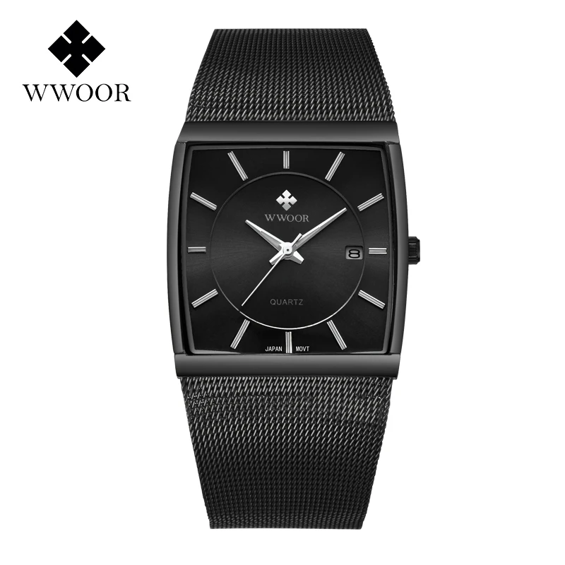 

Top Brand WWOOR Luxury Watches Menes Black Stainless Steel Mesh Business Watches Men Sports Waterproof Watch Relogio Masculino