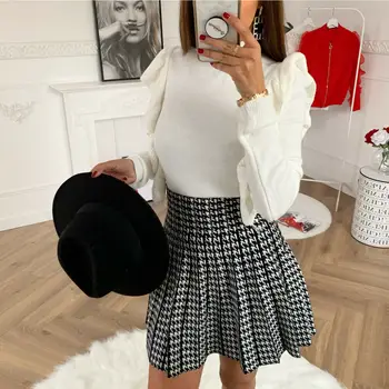 

Women Ladies High Waist Tartan Check Print Pleated Elasticated Waist Mini Skirt Black