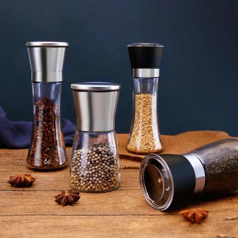 Stainless steel Salt and Pepper Mill Manual Food Herb Grinders Spice Jar Containers Kitchen Gadgets Spice Bottles Glass