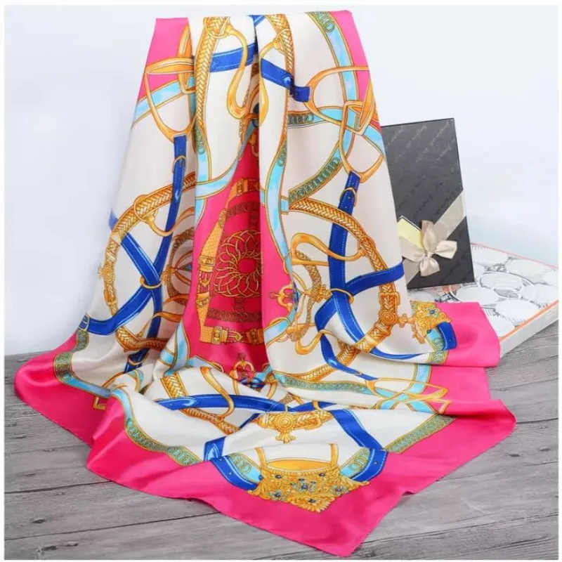 Женский шелковый шарф в стиле ретро, бандана, Модный женский хиджаб с принтом, Леопардовый принт с цепью, большие квадратные шарфы - Цвет: 07
