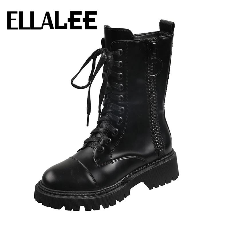 Mid-Calf Woman Half Boots Black Round Toe Platform Shoes Zip Leather Lace-up Motorcycle Western Cool Female Buskin | Обувь