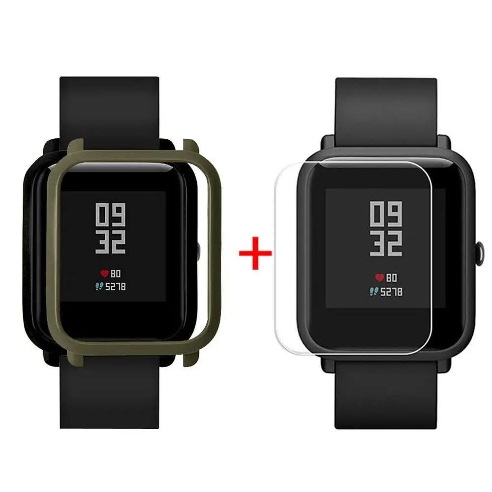 Army Green Защитный чехол-накладка+ Защитная пленка для экрана для Xiaomi/Huami Amazfit Bip Youth Watch, тонкий цветной чехол-рамка, Новинка - Цвет: Army Green
