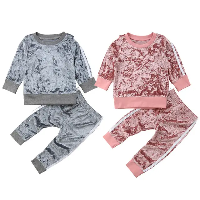 2019 Autumn Winter Velvet Kids Baby Girls Clothes Sets Solid Long Sleeve T-shirt Tops + Pants 2PCS Outfit Sets 1-5T Dropshipping 2