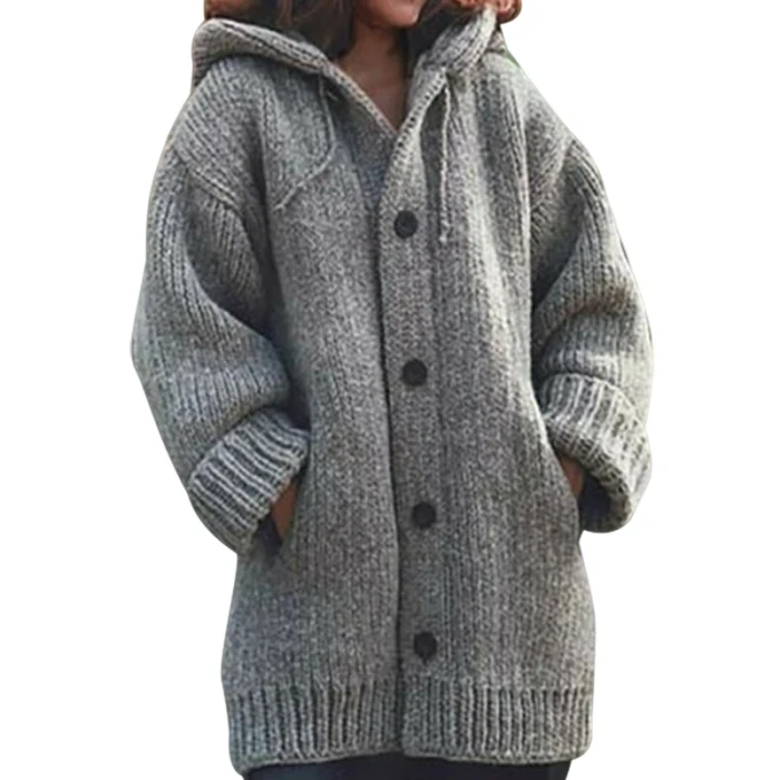 Button Down Hooded Knitted Cardigan Outerwear Solid Color Long Sleeve for Winter TY66 long duvet coat