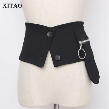

XITAO Black Women Cummerbunds Fashion Recessed Zip Pocket with Decorative Buttons Irregular 2020 Summer Cummerbunds XJ4832