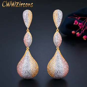 

CWWZircons Luxury Water Drop Balls Long Dangle Earrings for Women Wedding Micro CZ Zircon Dubai Indian 3 Tone Gold Jewelry CZ670