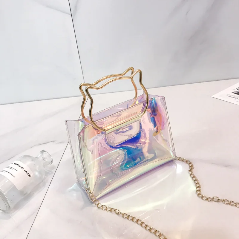 

Laser Bag 2018 New Style Soft Girl Fashion Cute GIRL'S Transparent Cat Hand Crossbody Bag Mini Square Sling Bag