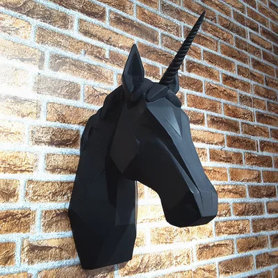 Черный Европейский Единорог головная фигурка украшение стены 3D голова животного смола единорог искусство скульптура домашний Настенный декор R2688 - Цвет: Черный