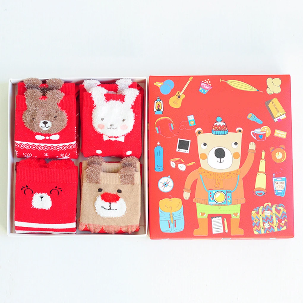 4 Pairs Cute Children Cartoon Printed Animal Socks Breathable Kids Mid Calf High Socks Christmas New Year Gift