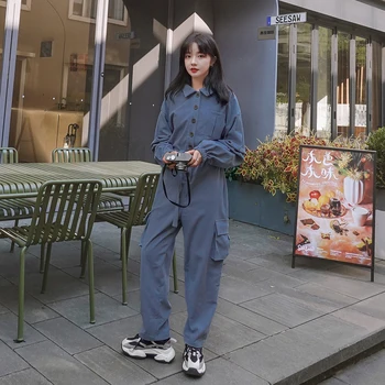 

2020 New Women Long Sleeve Cargo Pants Jumpsuit Female Streetwear Hip Hop Loose Casual Straight Harem Trousers Overalls Rompers