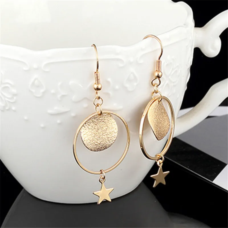 

Tassel earrings Golden pentagonal star pendant earrings female girl Retro earrings for women metal circle dangle earrings