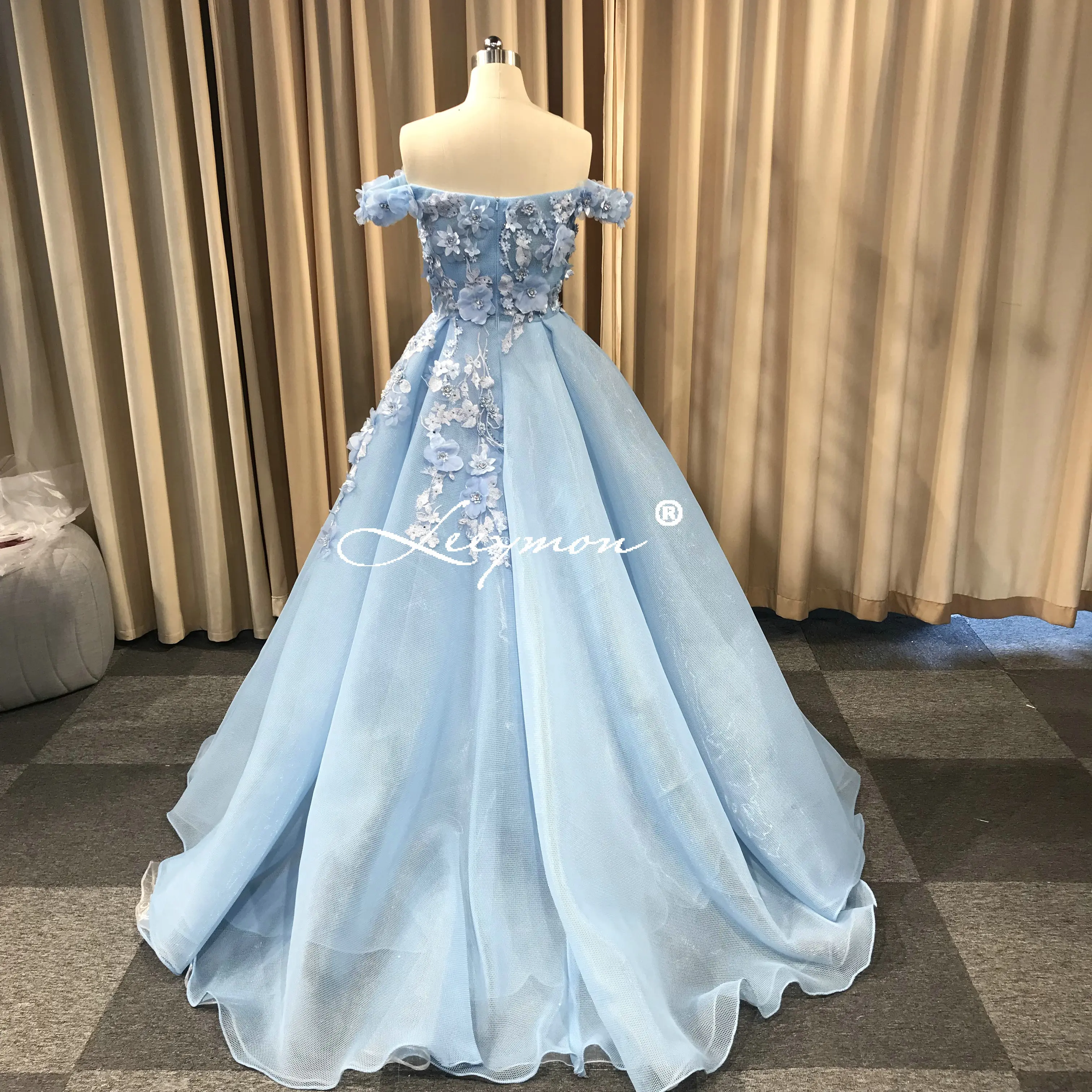 Tulle A Line off Shoulder Evening Dress Beaded Flowers Sky Blue Party Gown Prom Dress Vestido De Festa Long Dress
