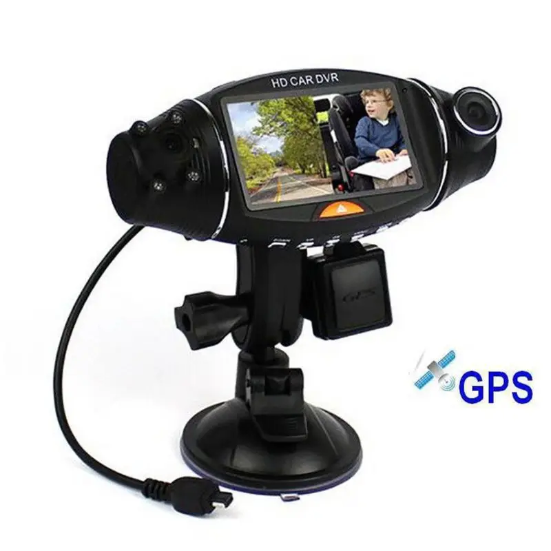 Видеорегистратор с двумя объективами HD gps для автомобиля, видеорегистратор с камерой ночного видения 140 ° - Название цвета: Черный