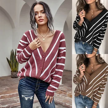 

Women's Top 2020 New Cardigan Sweater Striped Knitted Sweater Women's Sexy Deep V-neck Single-breasted OutWear